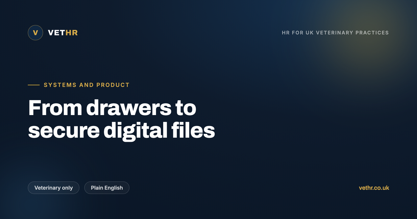 Digital staff records for veterinary practices held in one secure system instead of paper drawers and spreadsheets.