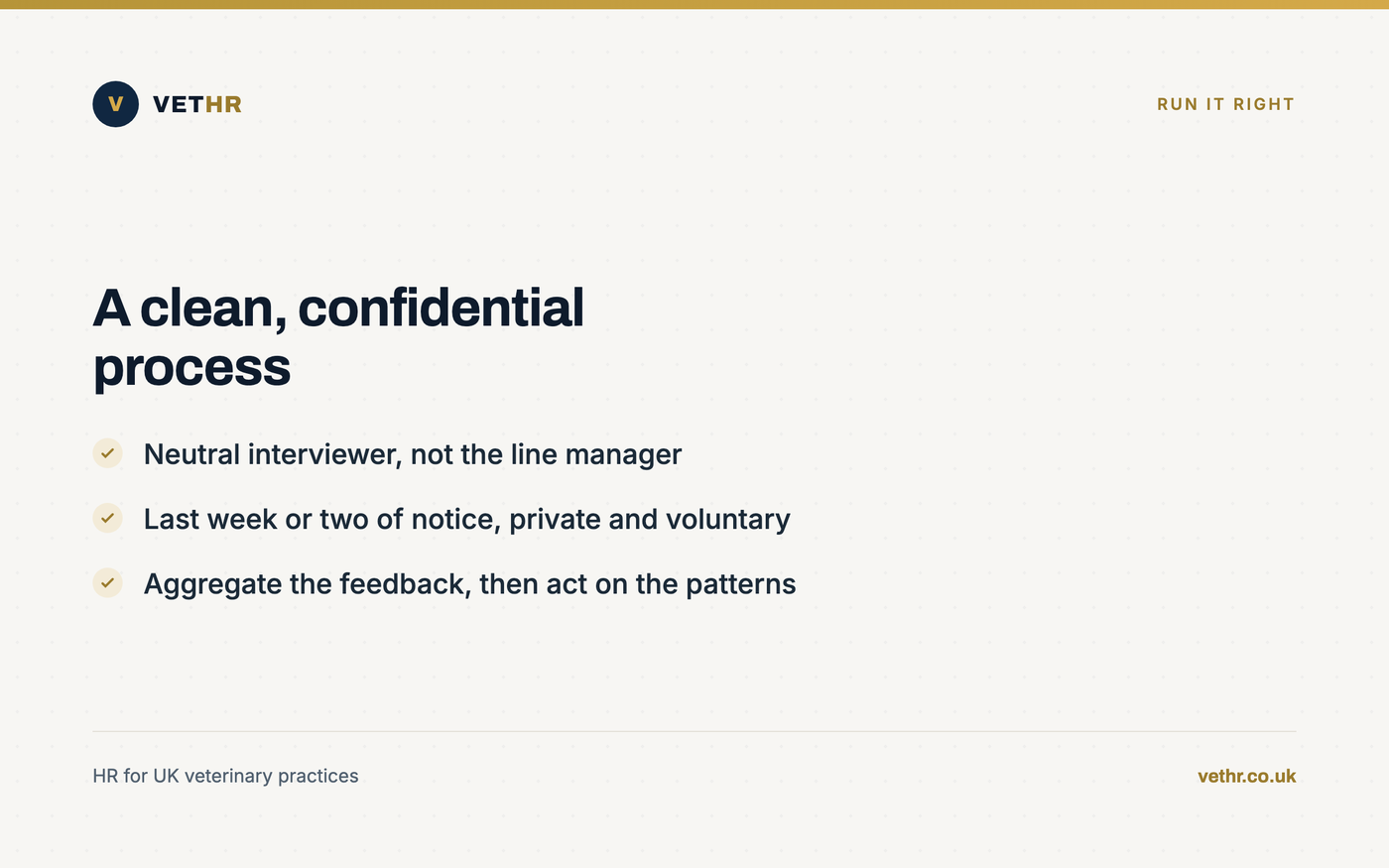 Card outlining how to run a confidential exit interview in a veterinary practice.