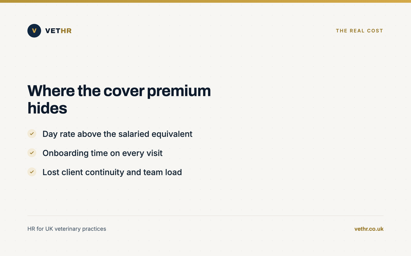 Card listing the hidden costs of relying on temporary cover in a veterinary practice, from day-rate premiums to lost continuity.