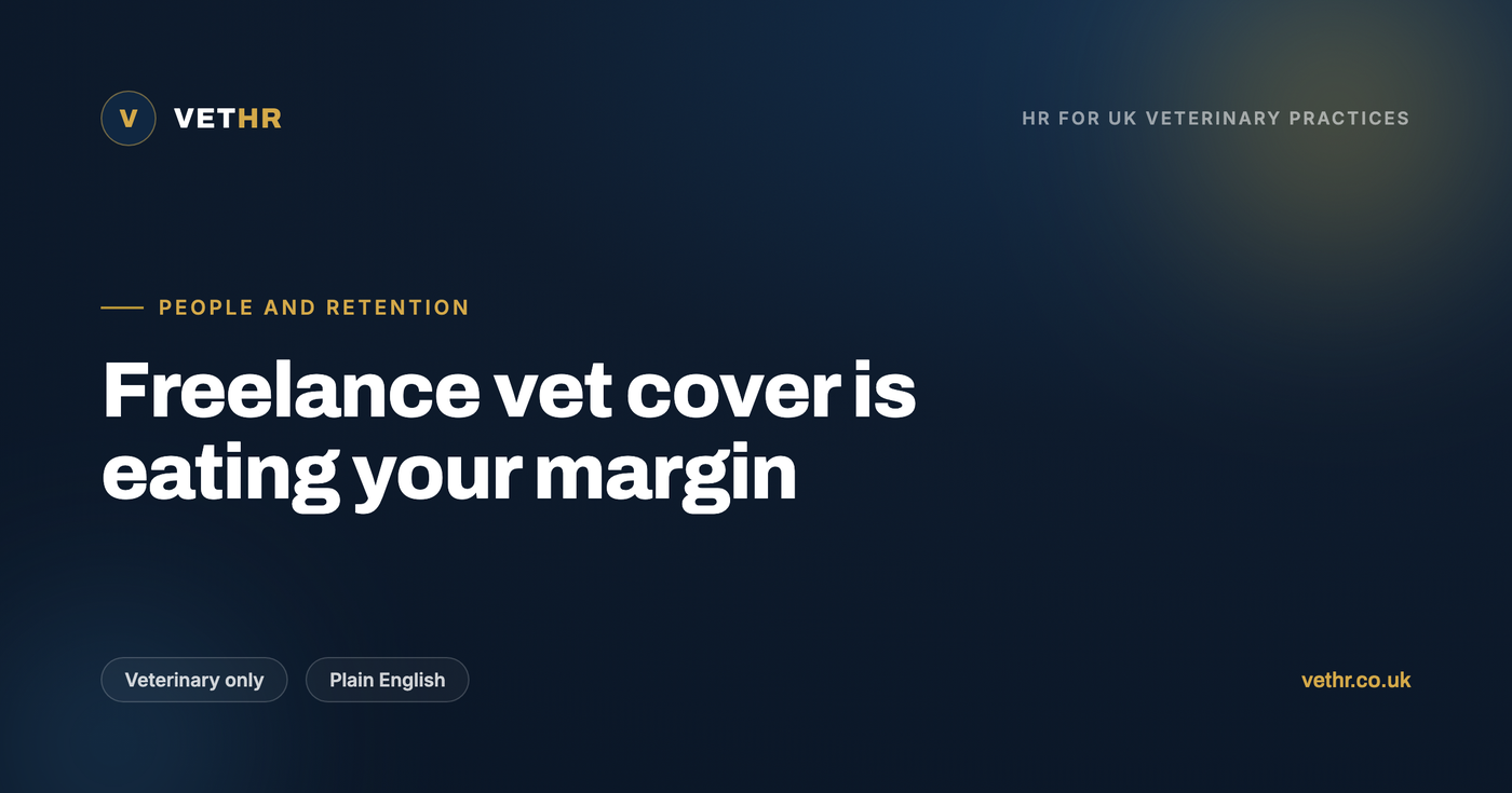 A calm UK veterinary practice team on a stable rota, illustrating the retention-first alternative to costly freelance vet cover.