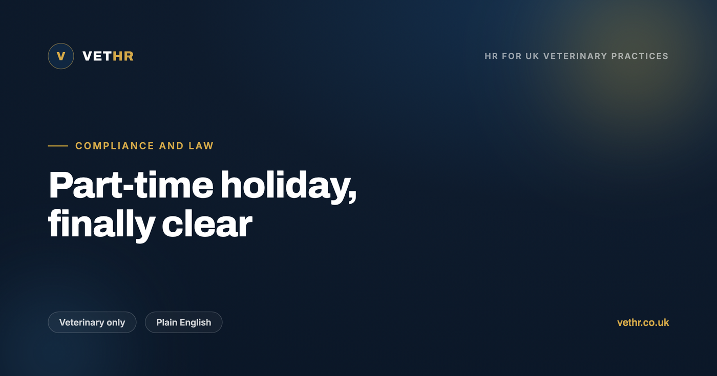 Calm explainer on holiday entitlement for part-time staff in UK veterinary practices, covering pro rata leave and the 12.07% method.