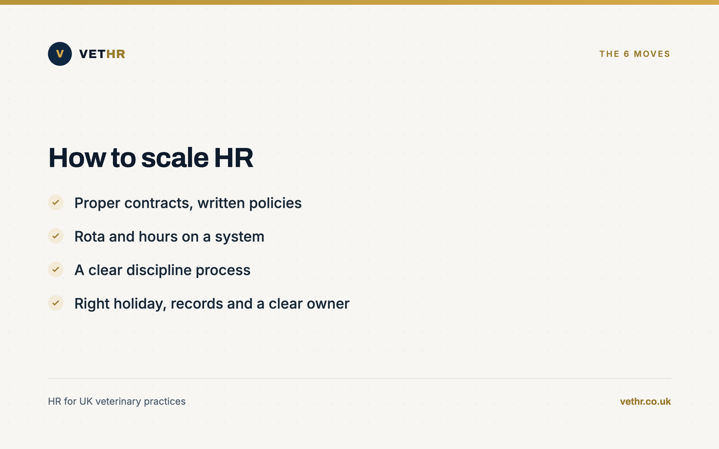 Card listing six moves to scale HR in a growing veterinary practice.