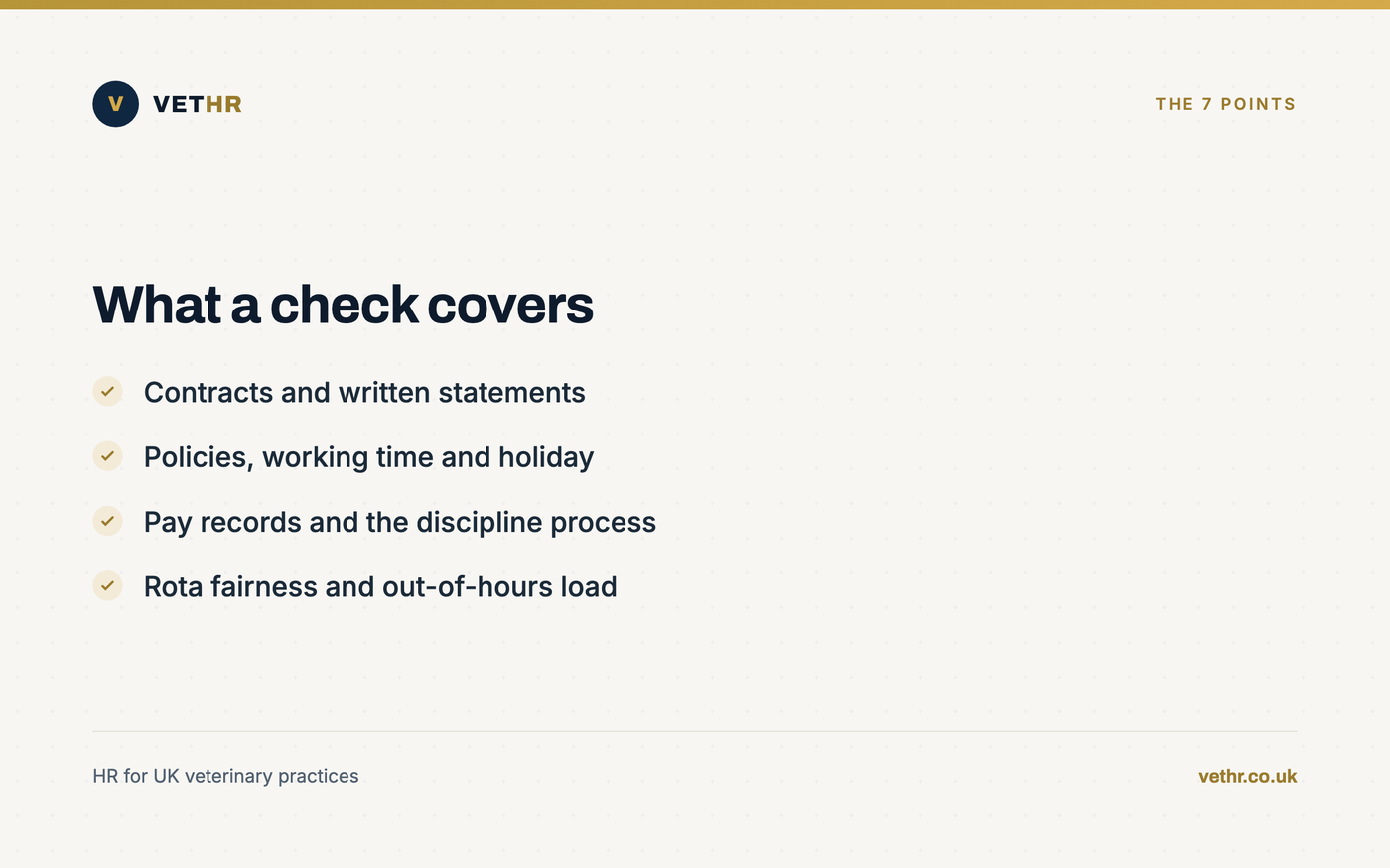 Card listing the seven areas an HR health check reviews for a veterinary practice.