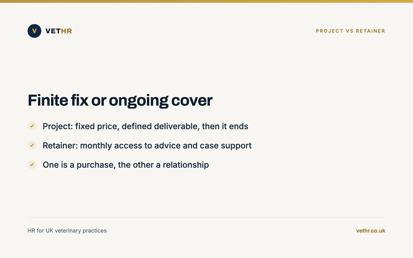 Card comparing a fixed-price one-off HR project with an ongoing HR retainer for veterinary practices.