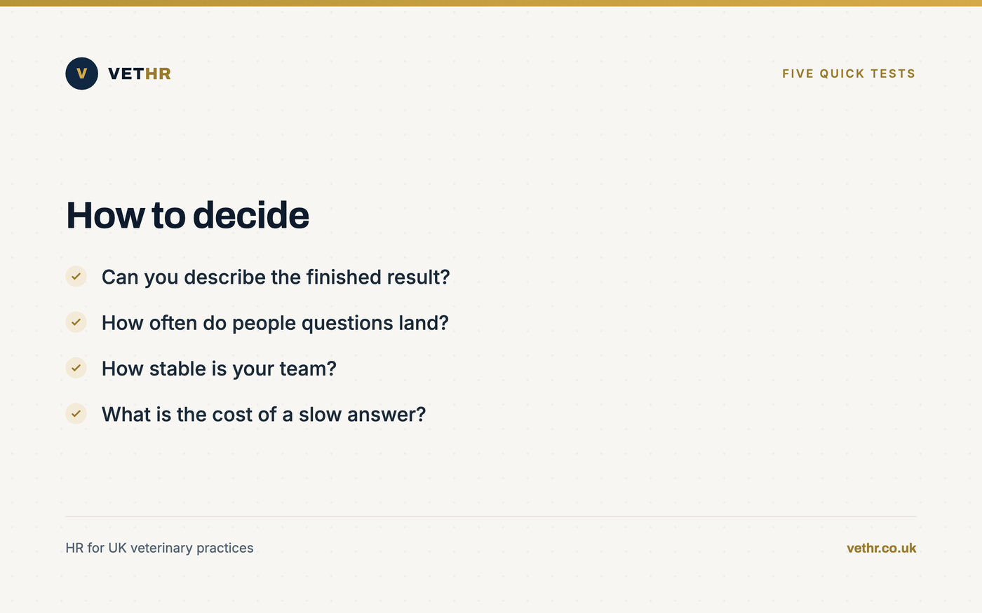 Card listing five quick tests for choosing between a one-off HR project and a monthly retainer.