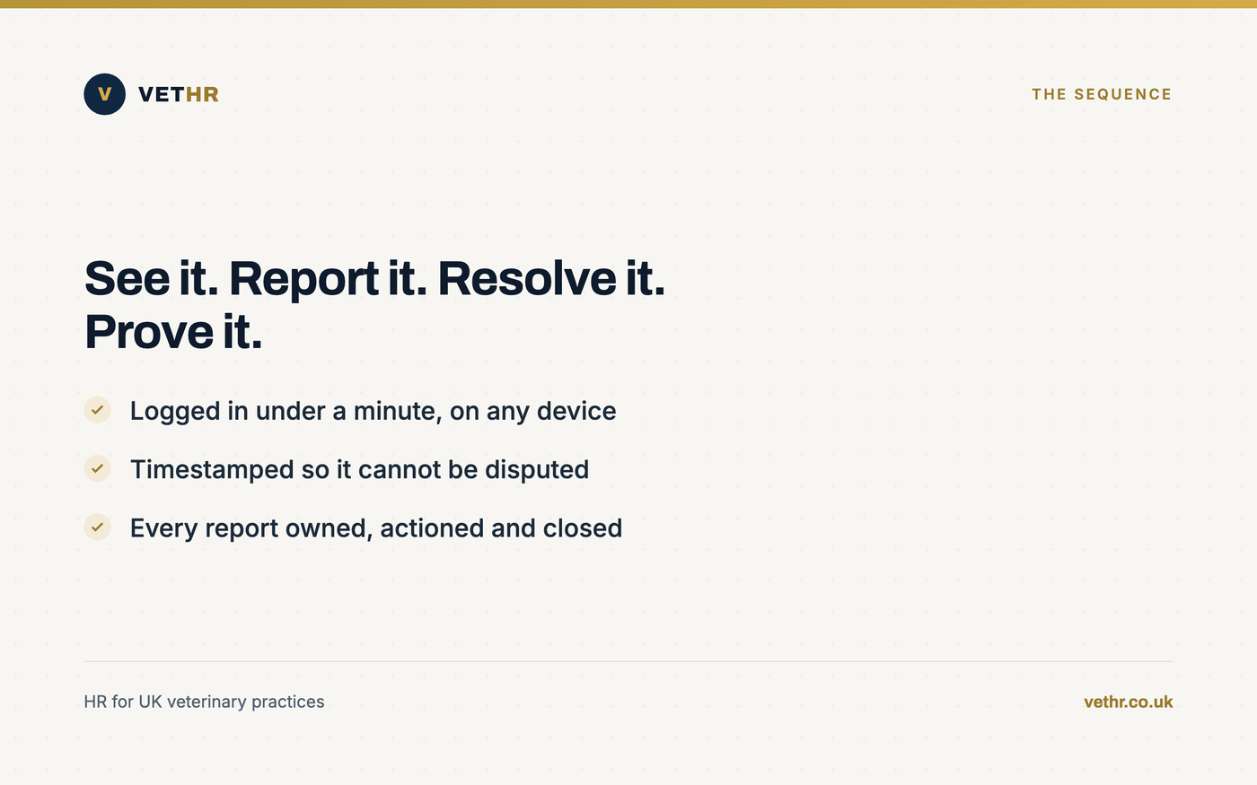 A four-step incident reporting sequence for a veterinary practice: see it, report it, resolve it, prove it.