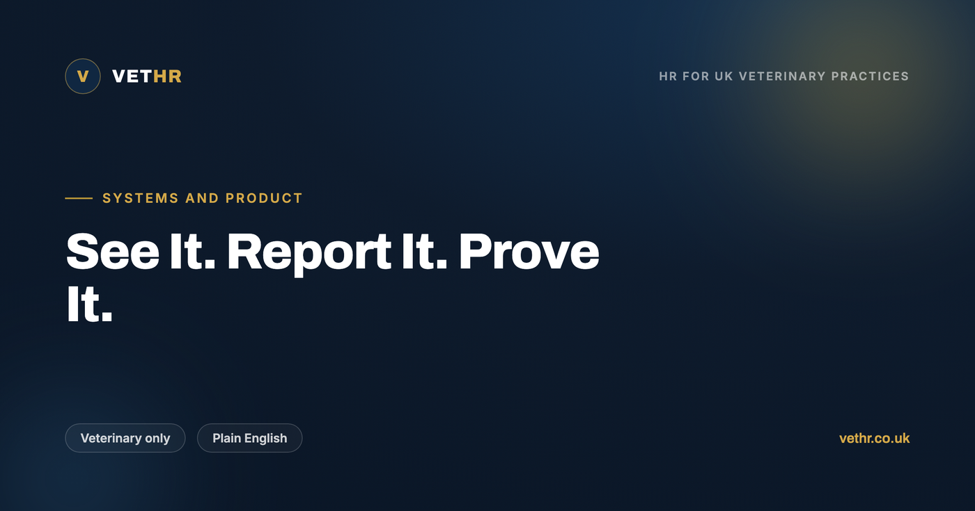 Incident reporting for veterinary practices shown as a timestamped audit trail that protects the practice.