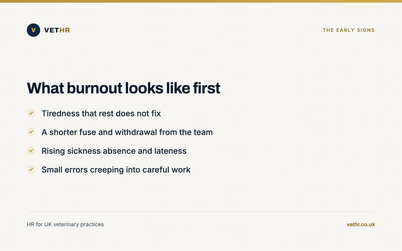 Card listing the early warning signs of burnout in a veterinary team.