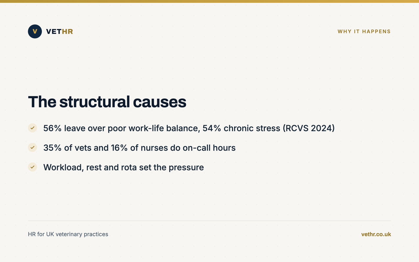 Card summarising RCVS 2024 figures on stress, work-life balance and on-call hours behind veterinary burnout.