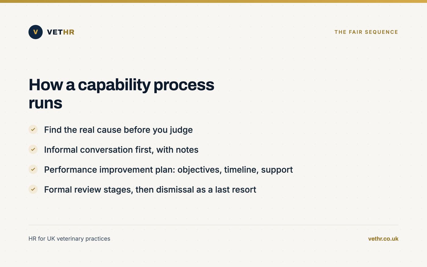 Card showing the fair capability sequence from informal chat to a performance improvement plan and review.