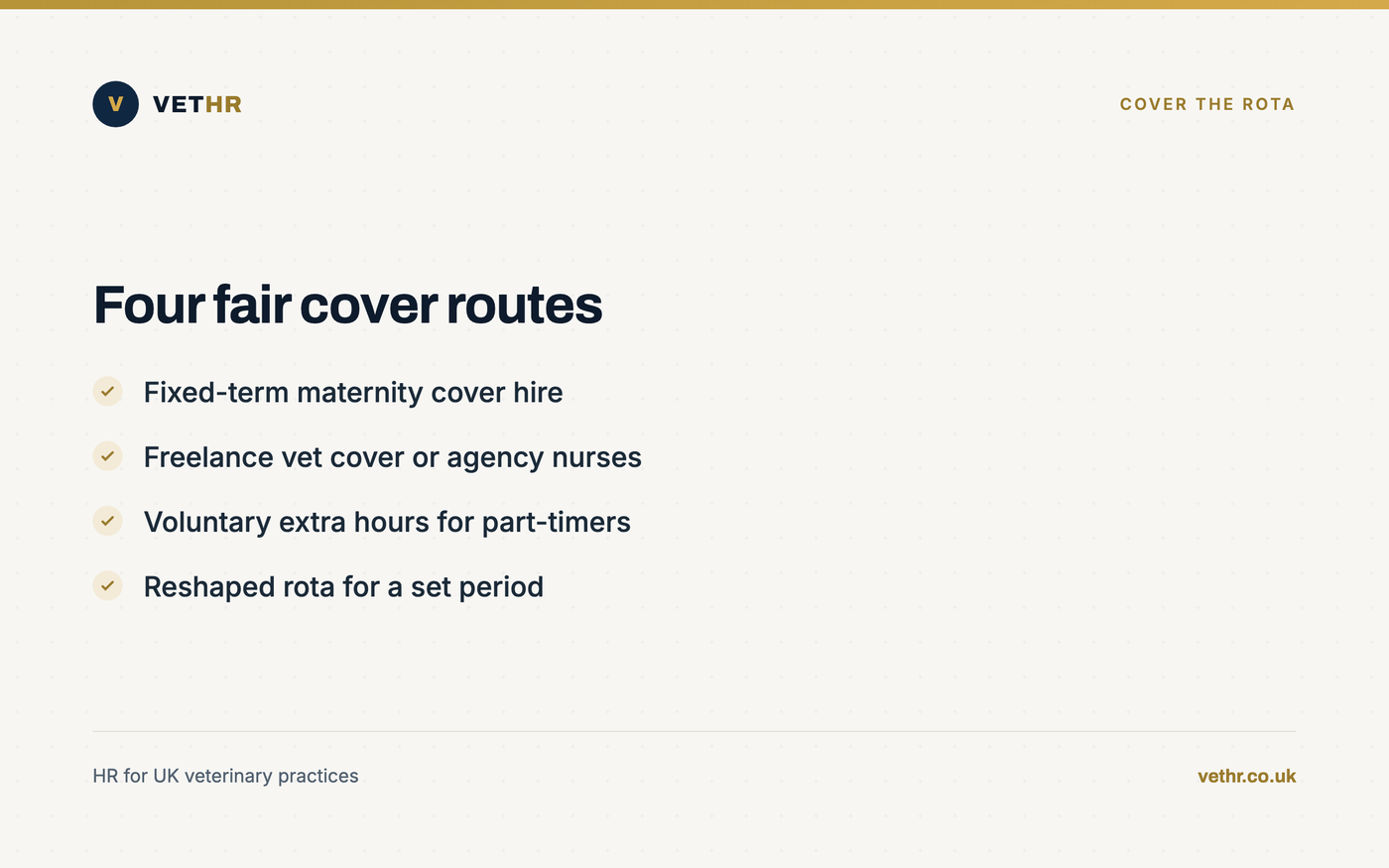 Card showing four fair ways to cover a team member's maternity leave without burning out the rest of the practice.