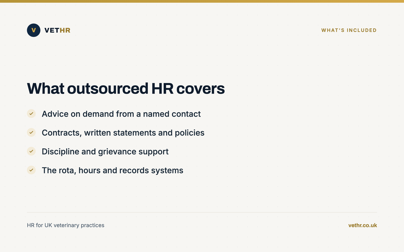 Card listing what outsourced HR support covers for a veterinary practice.