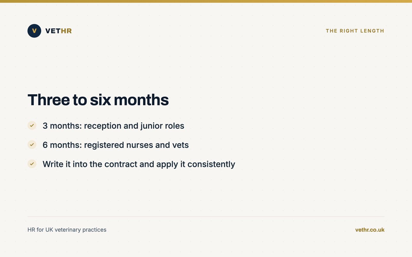 Card showing typical probation lengths for veterinary reception, nursing and vet roles.