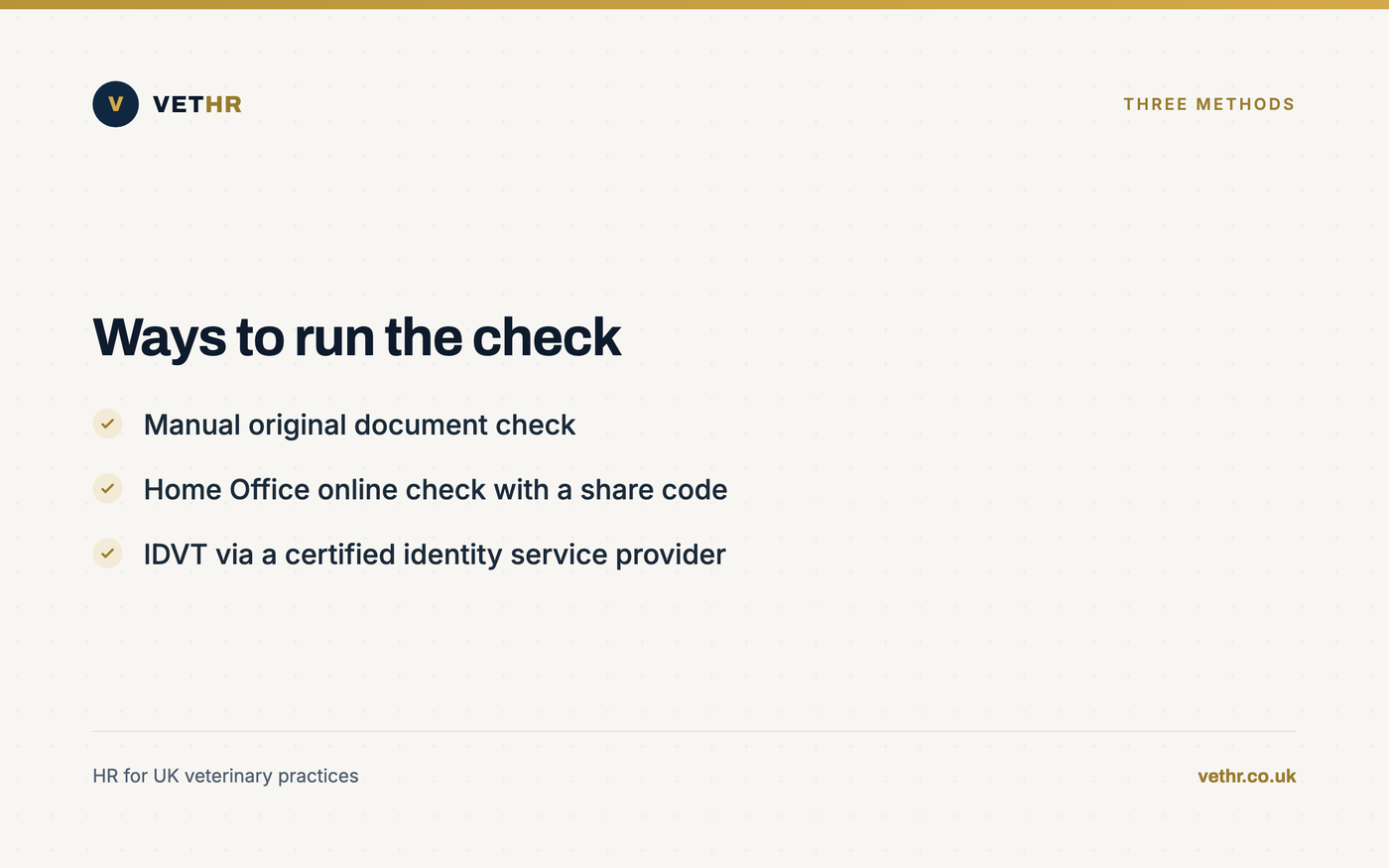 Card comparing the manual, online share code and IDVT right to work check methods.
