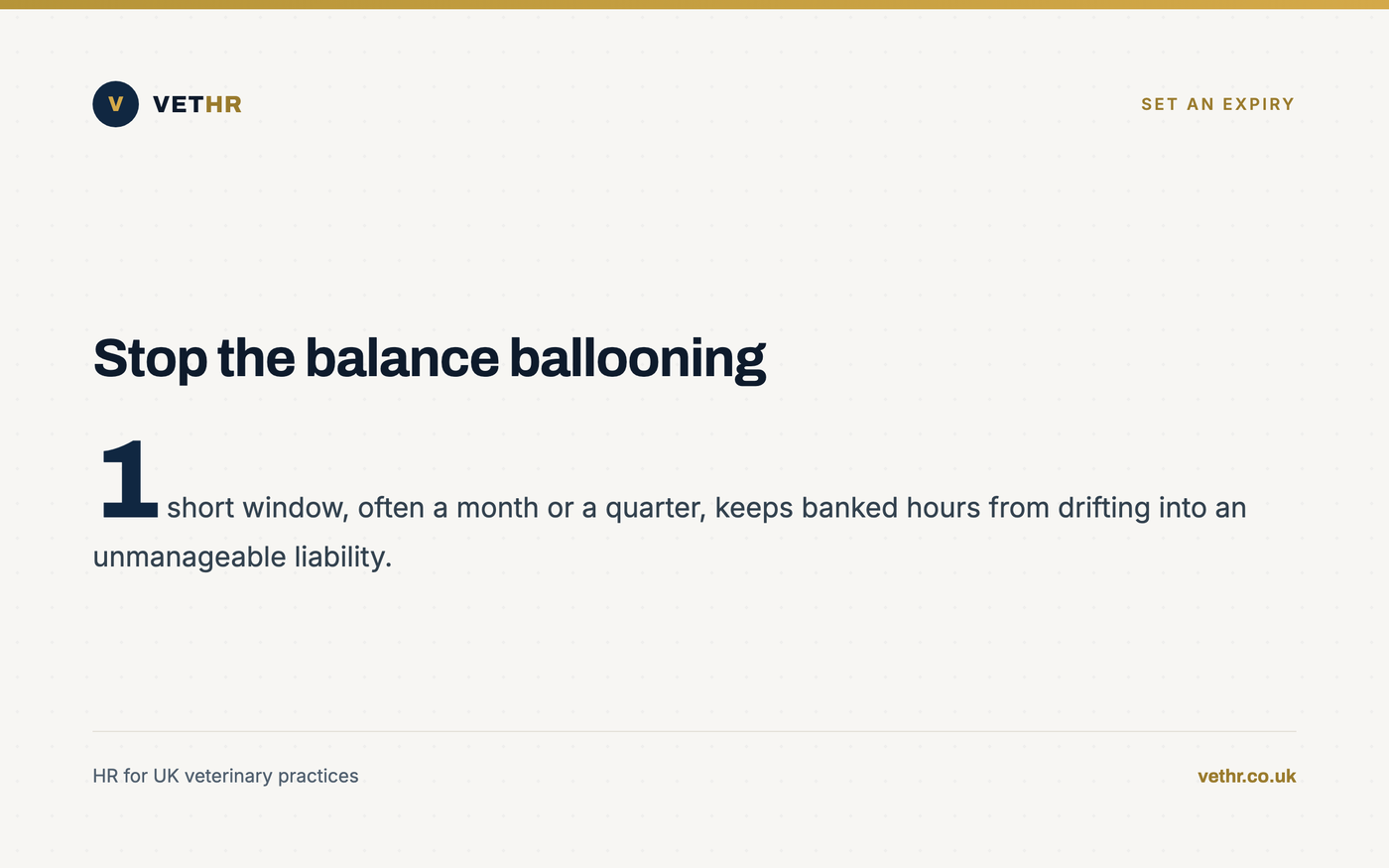 Card explaining why a TOIL expiry window prevents an owed-time liability building up in a practice.