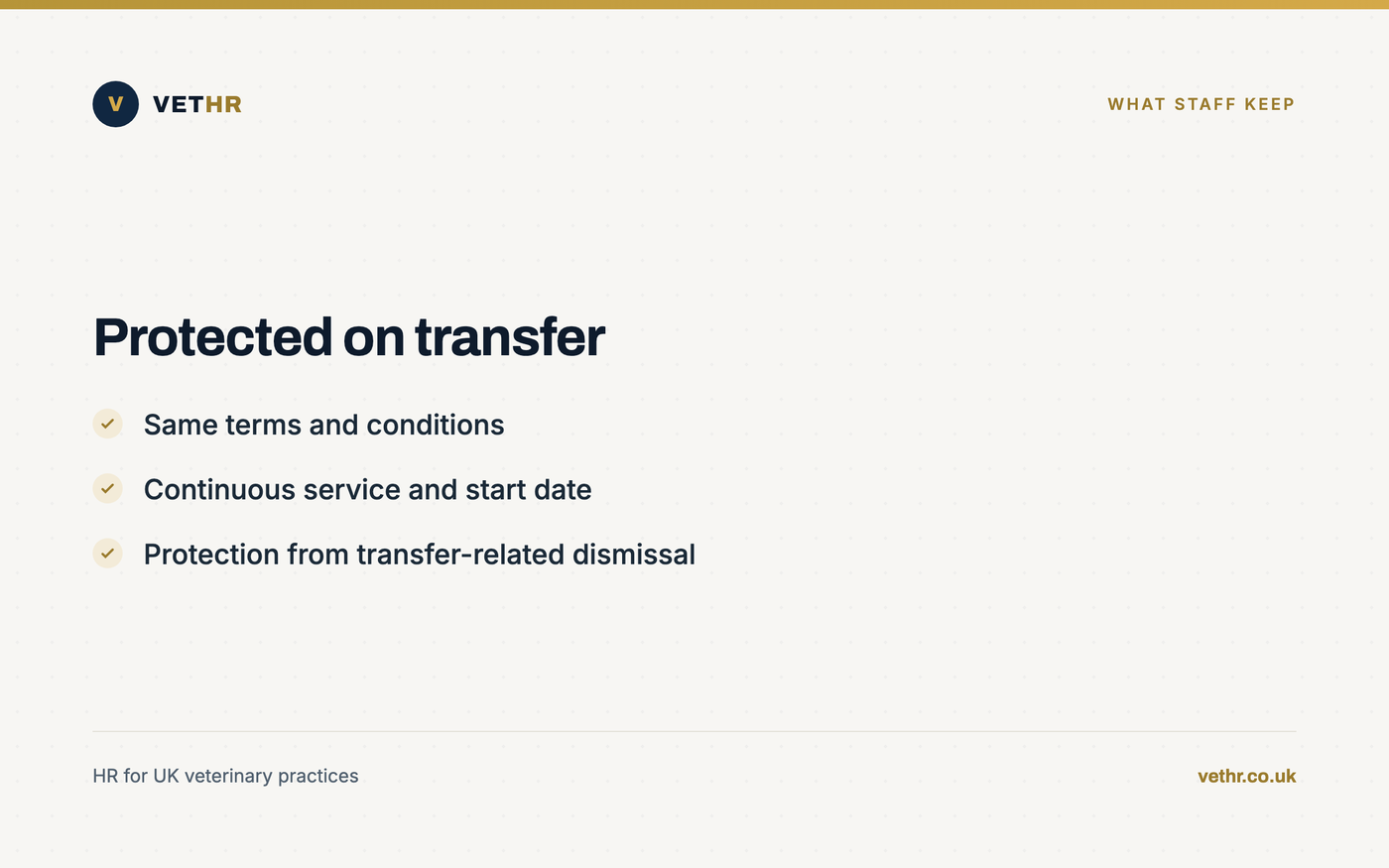 Card listing the employee rights on transfer that are protected under TUPE, including terms and continuity.