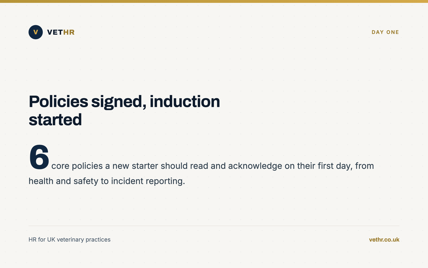 Card highlighting six core practice policies a new veterinary starter should acknowledge on day one.