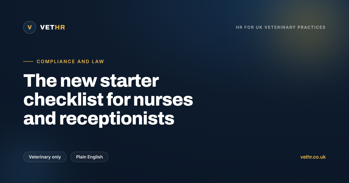 A practice manager working through a veterinary new starter checklist for a new nurse on her first day.