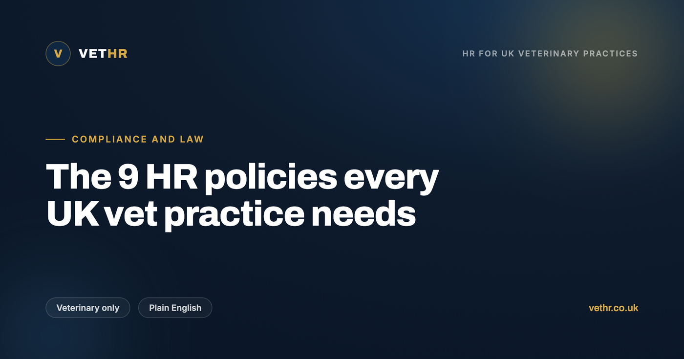 Veterinary practice HR policies checklist on a clinic reception desk in a UK practice.