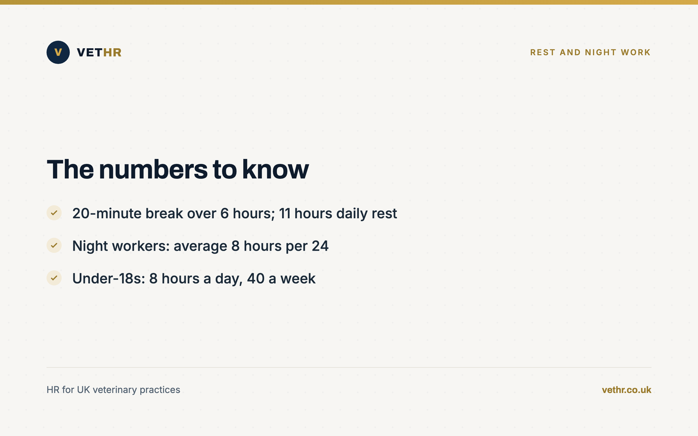 Card listing rest break, daily rest, night work and young worker limits under the Working Time Regulations.