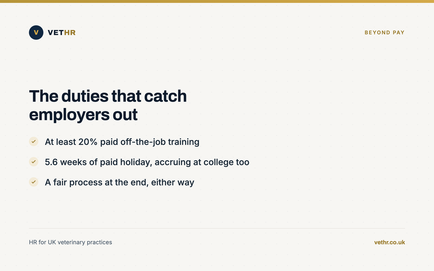 Card summarising training time, holiday accrual and end of apprenticeship duties for employers.