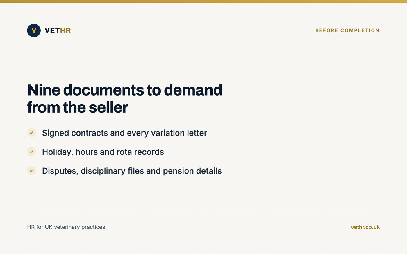 Card listing the staff documents a buyer should demand from the seller before completing a practice purchase.