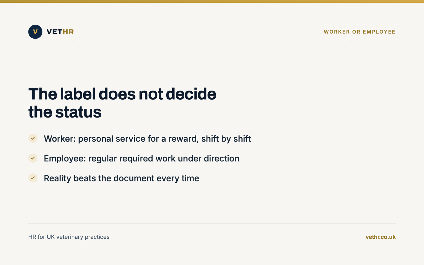 Card comparing worker status and employee status indicators for bank staff in a veterinary practice.