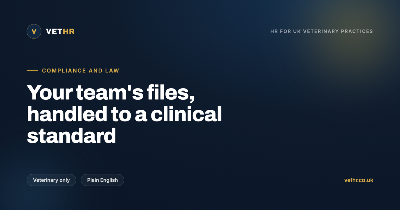 A veterinary practice manager reviewing GDPR staff records duties: what to keep, retention, access and security.