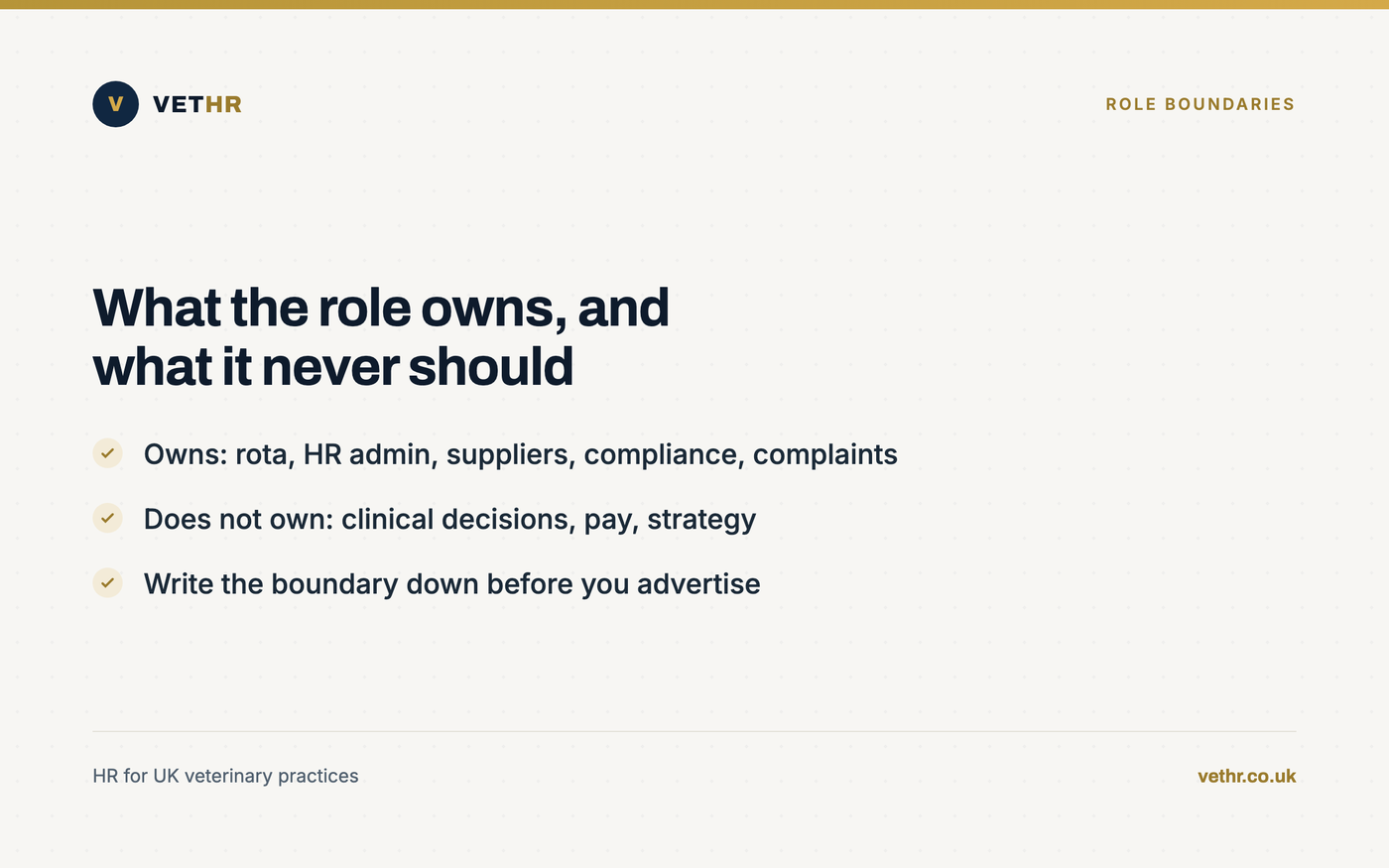 Card showing which duties a first veterinary practice manager should own and which stay with the owner and clinical team.