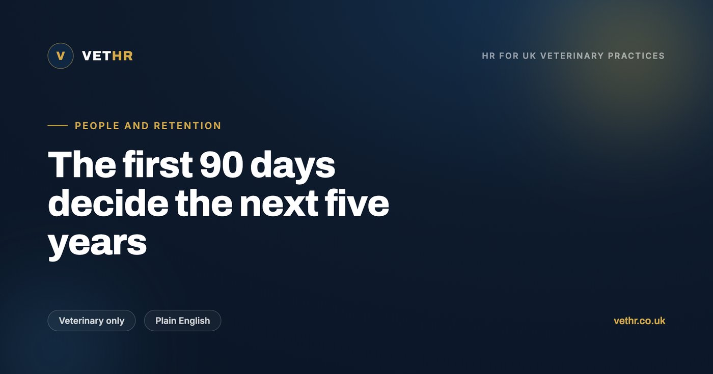A structured plan for onboarding a new vet across the first 90 days, from day one paperwork to the final probation review.