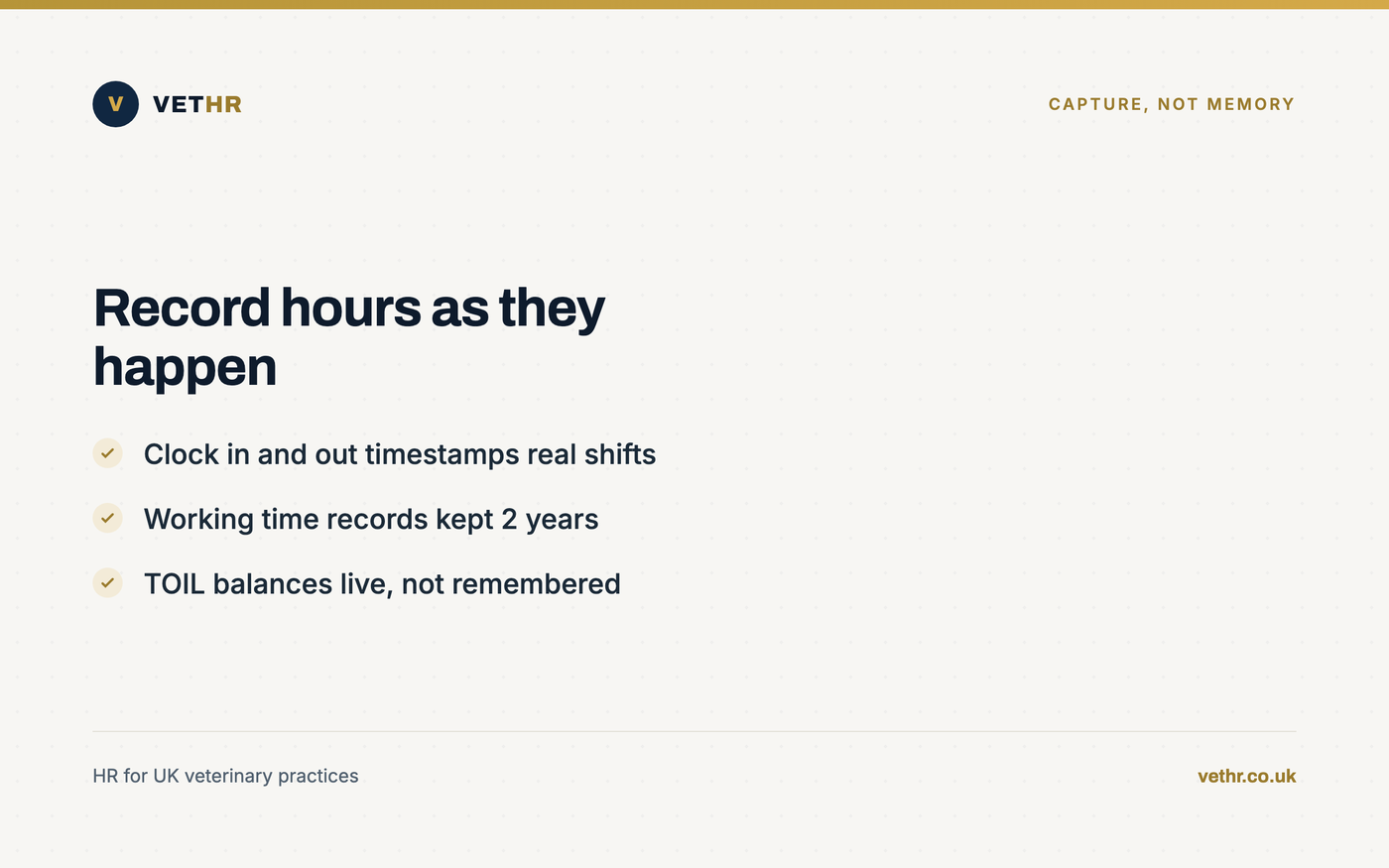 Card showing why capturing actual hours worked beats reconstructing them from memory in a veterinary practice.