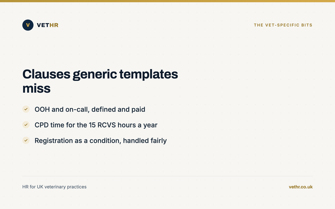 Card listing the veterinary-specific clauses a nurse's contract should add beyond the legal minimum.