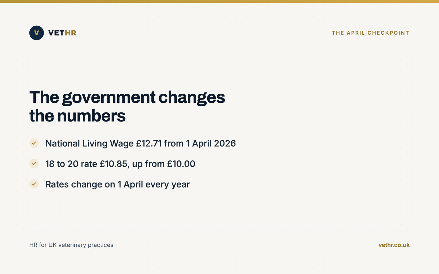 Card listing the April 2026 statutory rate changes every practice payroll must apply from 1 April.