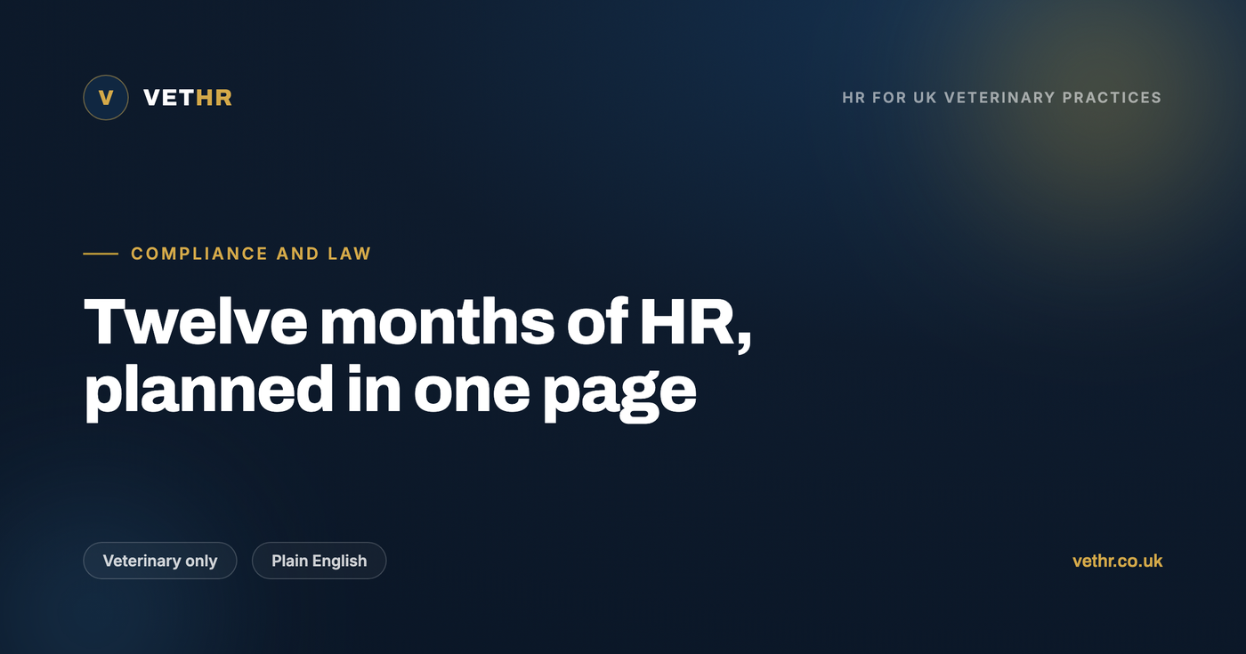 A veterinary practice HR calendar laying out appraisal windows, policy refreshes, training renewals and April rate changes across the year.