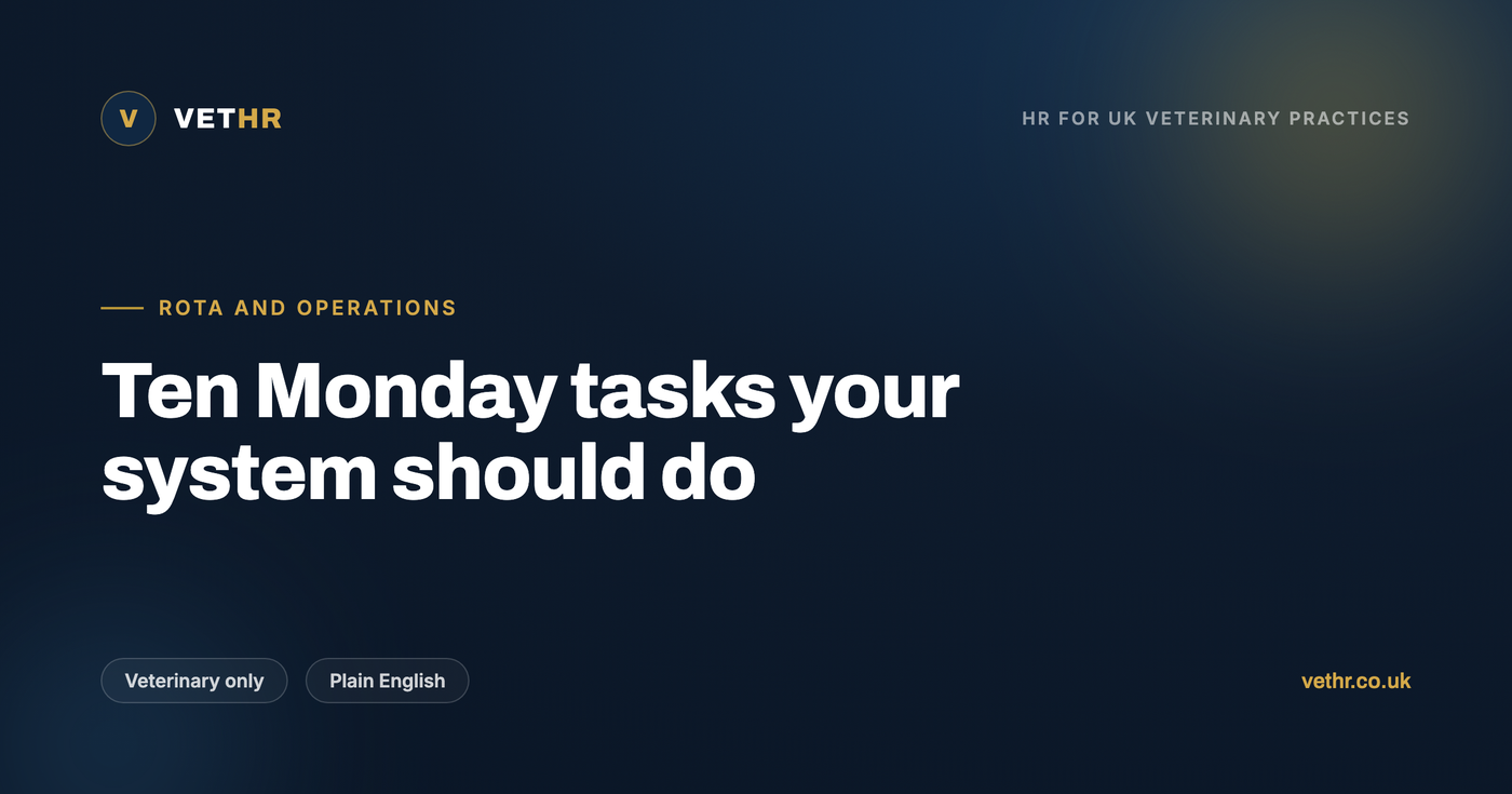 A practice manager's Monday of veterinary practice manager admin, showing ten tasks a staff system should handle instead.