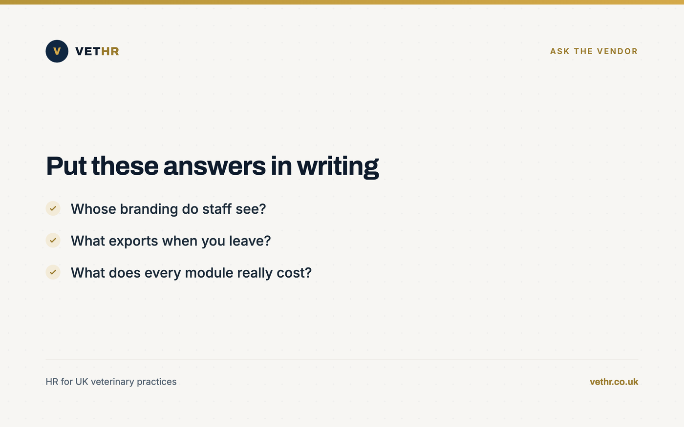 Card with the three questions to ask any rota software vendor before signing a contract.