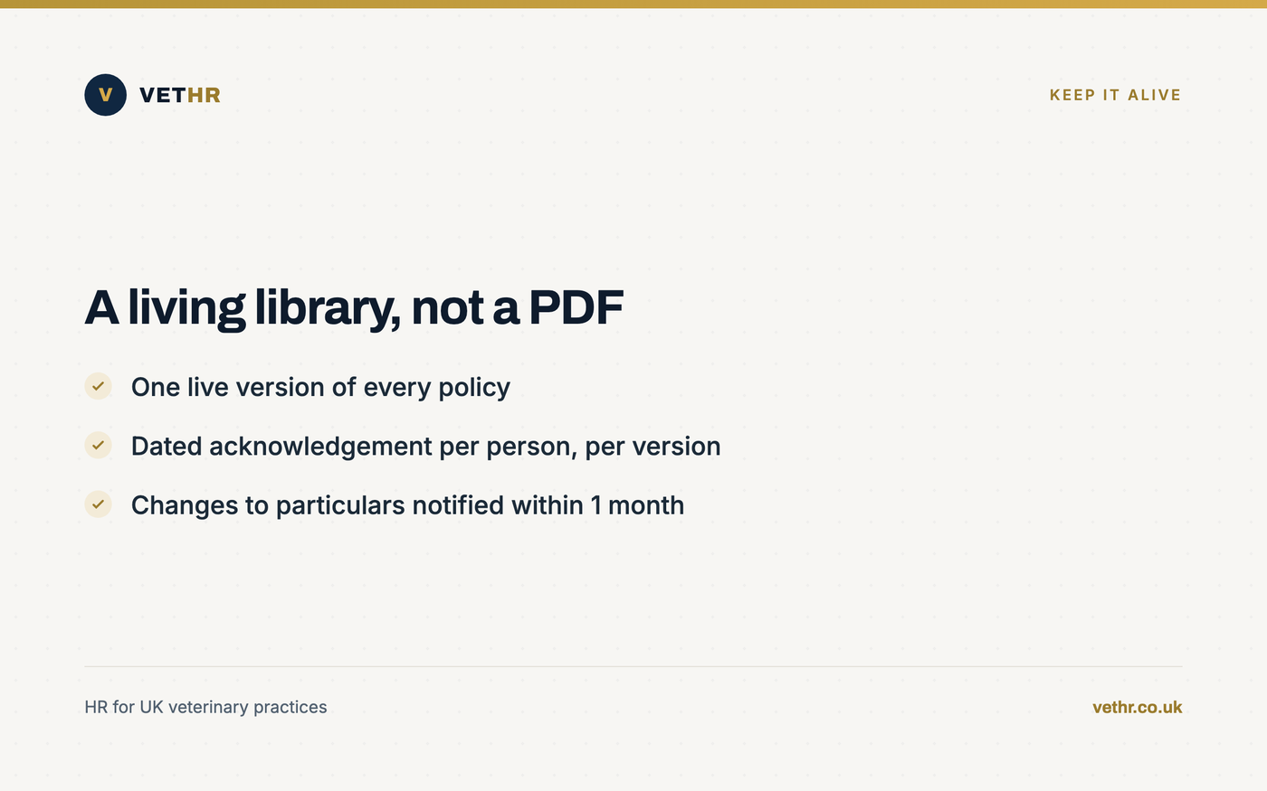Card summarising how a hosted policy library stays current with acknowledgements and one-month change notifications.