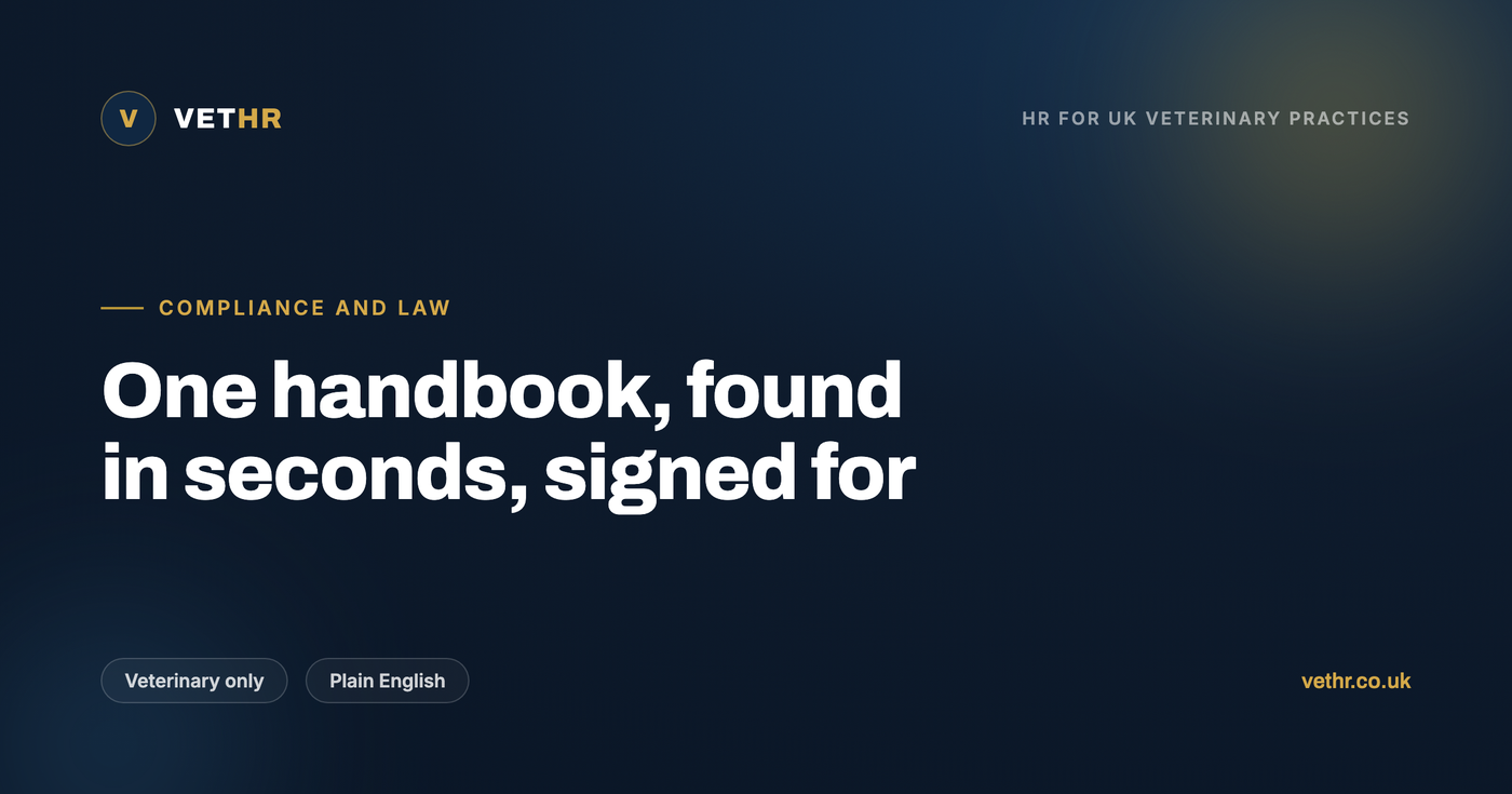 A veterinary staff handbook kept as a hosted, acknowledged policy library instead of a forgotten PDF.