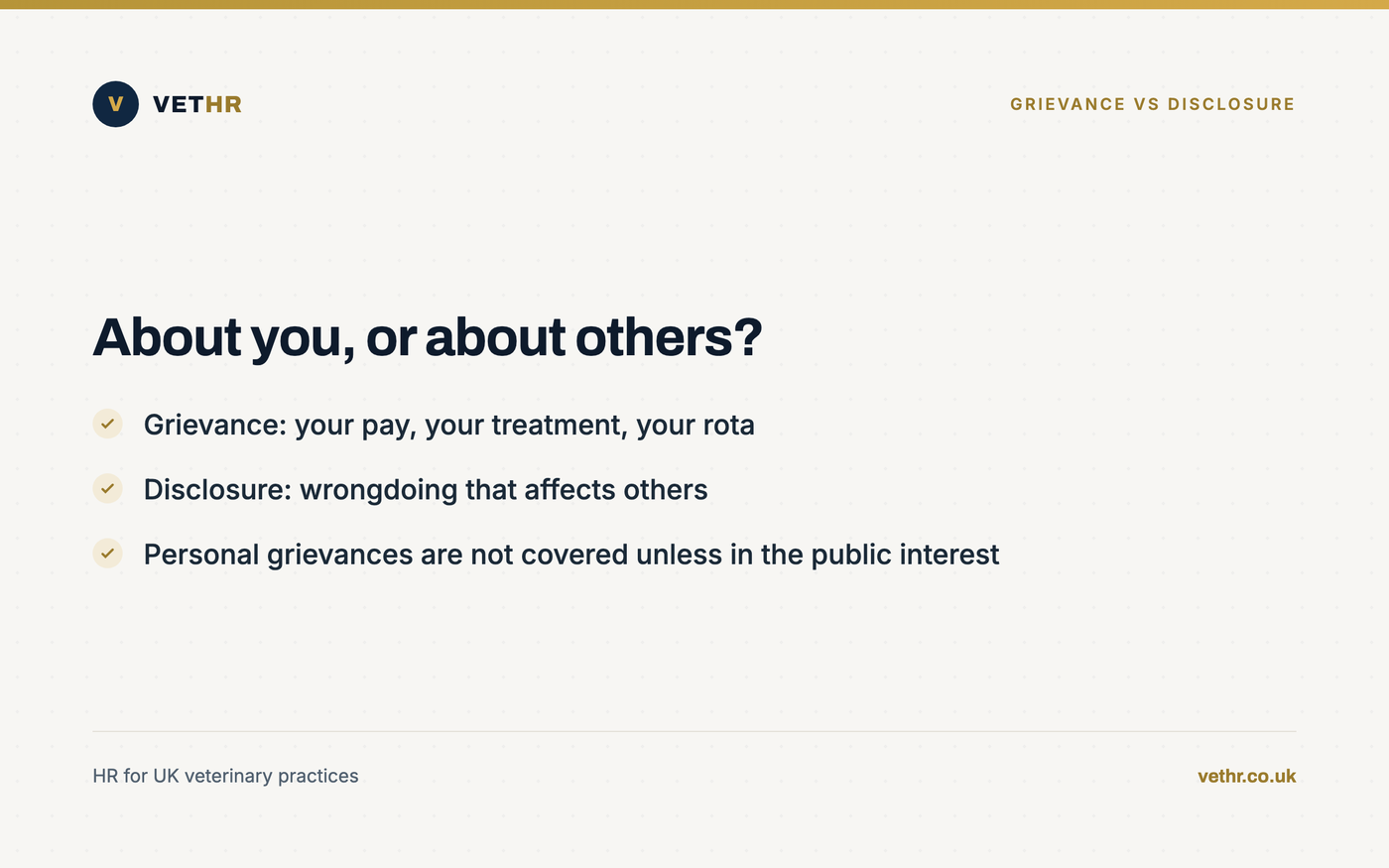 Card contrasting a personal grievance with a protected disclosure that affects patients or the public.