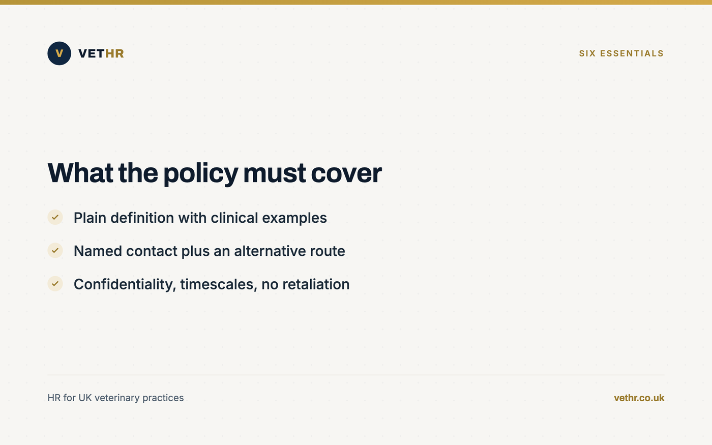 Card listing the six essential parts of a practice policy for raising concerns safely.