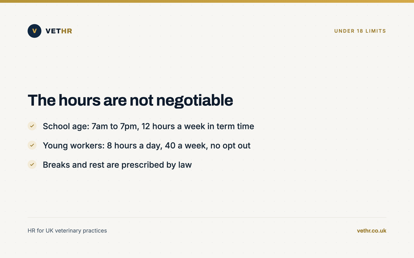 Card summarising the legal working hour limits for school-age students and young workers under 18.
