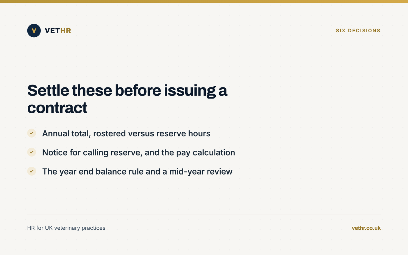 Card listing six design decisions to make before offering this contract type.