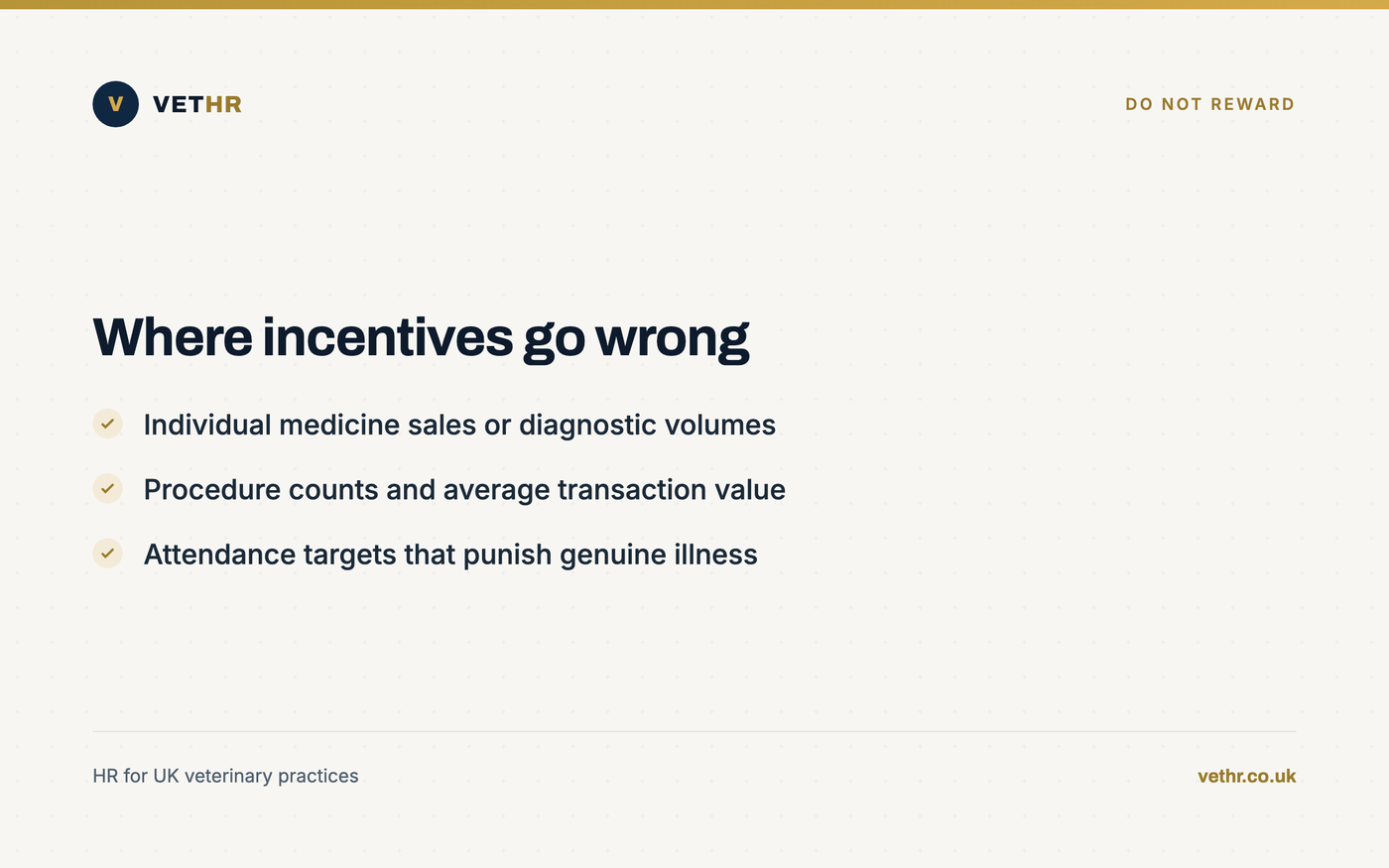 Card listing incentive measures a veterinary practice should avoid rewarding.