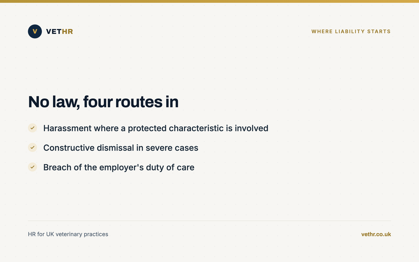 Card showing the legal routes through which workplace mistreatment becomes actionable.