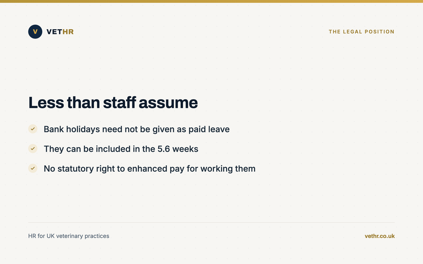Card summarising the legal position on bank holidays and pay for a UK employer.