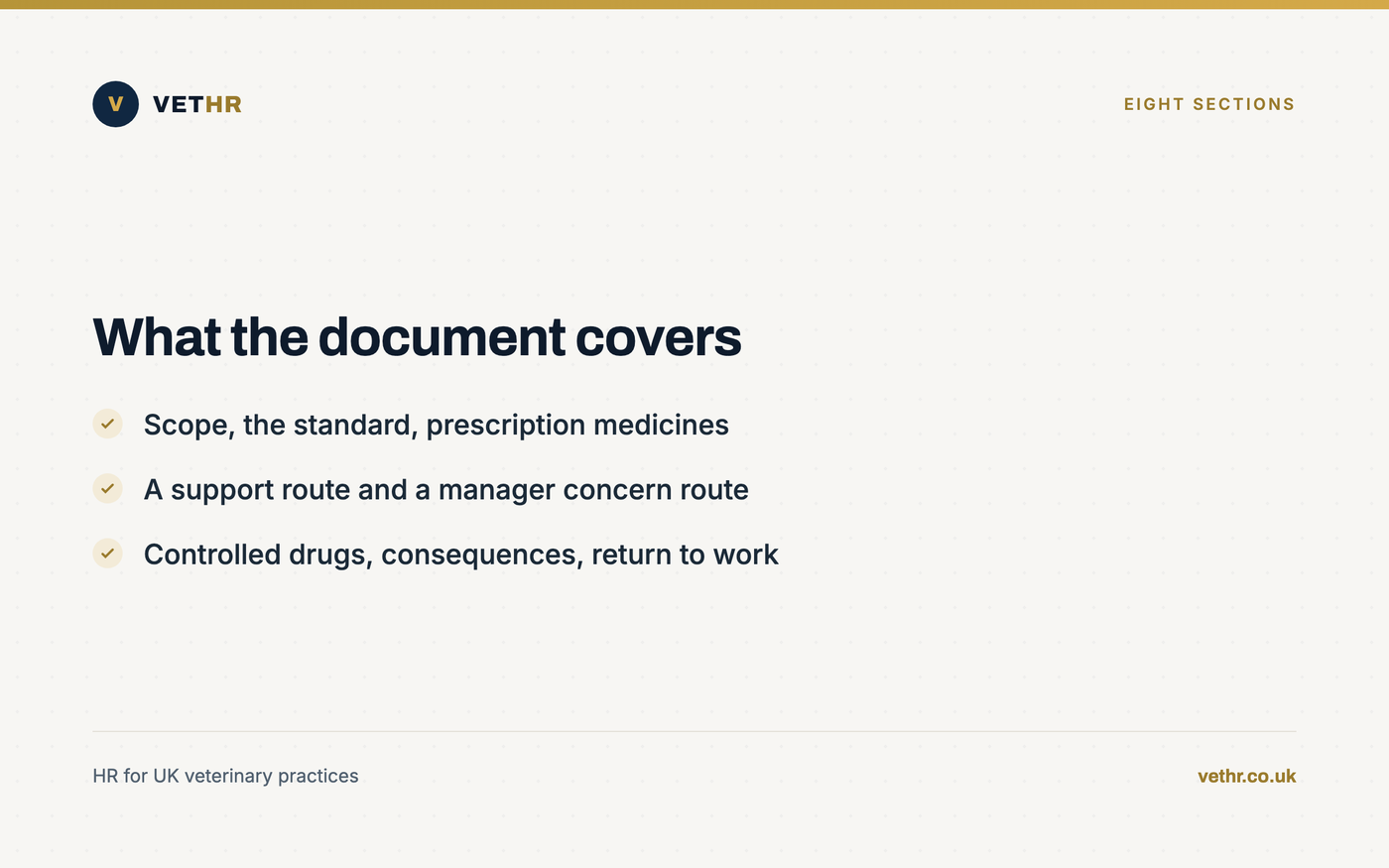 Card listing the eight sections a practice substance misuse policy should include.