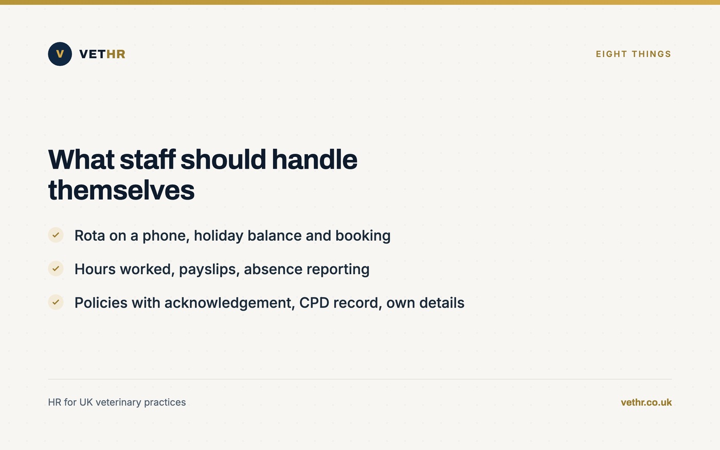 Card listing eight functions staff should be able to access without asking a manager.