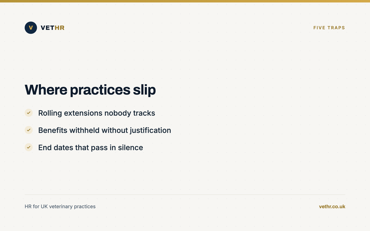 Card listing five administrative mistakes practices make with temporary employment contracts.