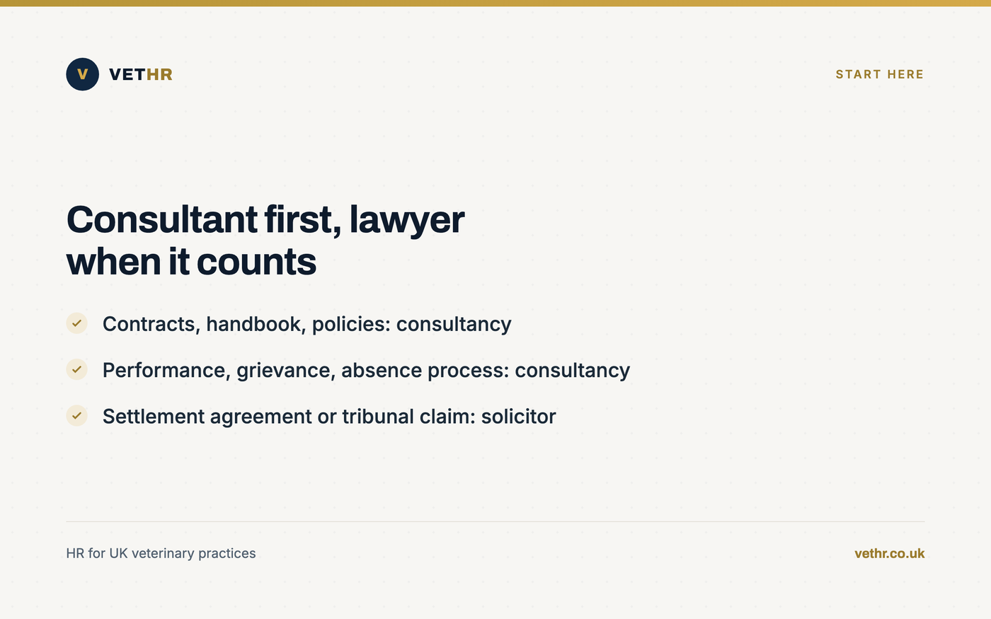 Card splitting common veterinary staff issues between consultancy work and legal advice.
