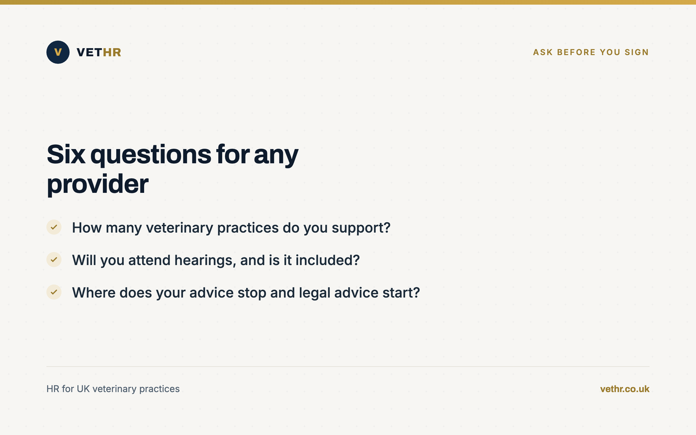 Card listing questions a practice should ask before appointing outsourced HR support.